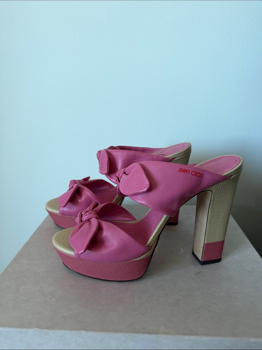 Jimmy Choo Pink Leather Knot Platform Sandals